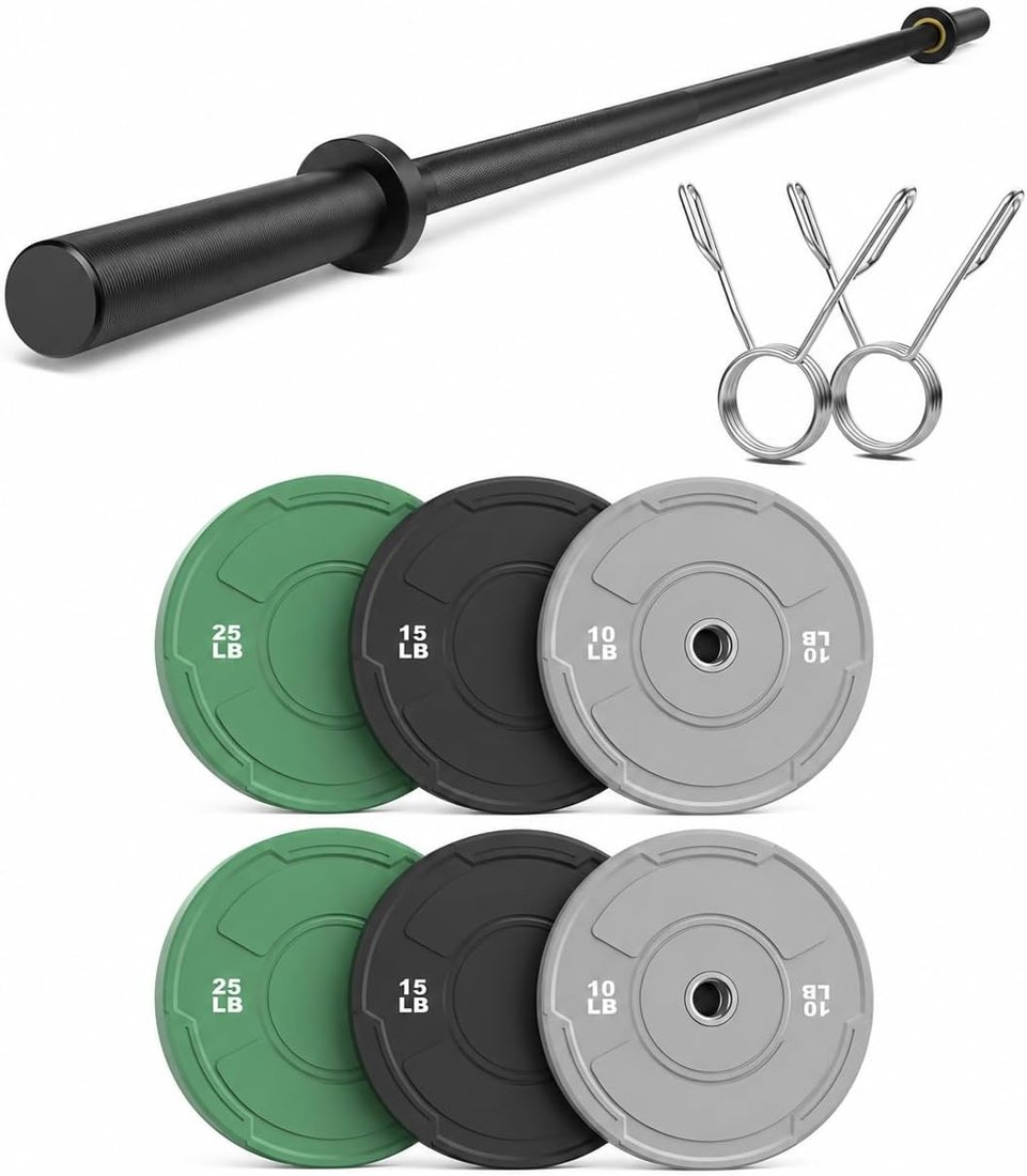 7 ft Olympic Barbell Weight Set with Color Bumper Plates view 2