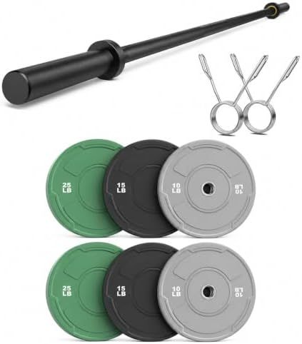Sportsroyals 7 ft Olympic barbell weight set with color bumper plates and spring collars