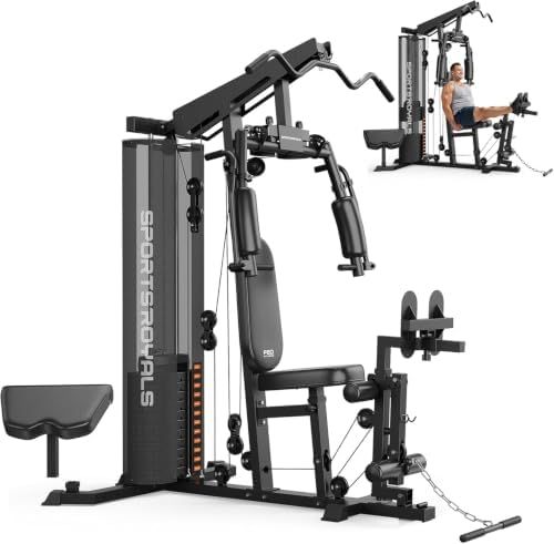 Sportsroyals home gym workout station with leg press and 150 lb weight stack
